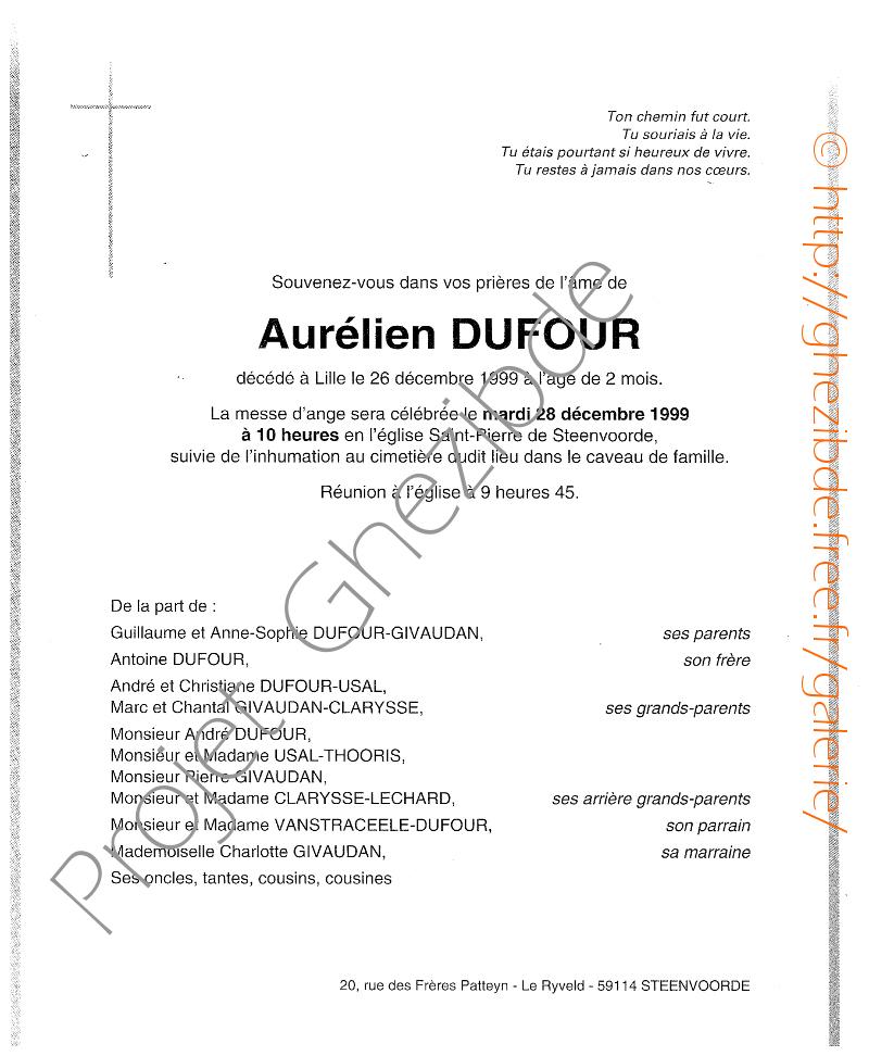 Aurélien DUFOUR, décédé à Lille, le 26 Décembre 1999.